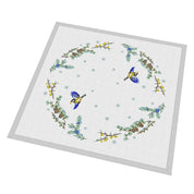 Square linen tablecloth with embroidered birds and floral design