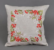 Embroidered linen pillowcase with guelder rose design, 40x40 cm, Ukrainian decor, ideal gift for Mother or Easter, floral motif.