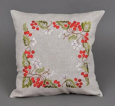 Embroidered linen pillowcase with guelder rose design, 40x40 cm, Ukrainian decor, ideal gift for Mother or Easter, floral motif.