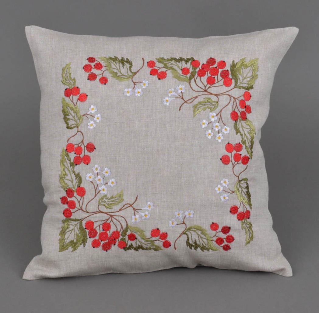 Embroidered linen pillowcase 40x40 cm with guelder rose floral design, ideal gift for Mother or Easter, Ukrainian decor.