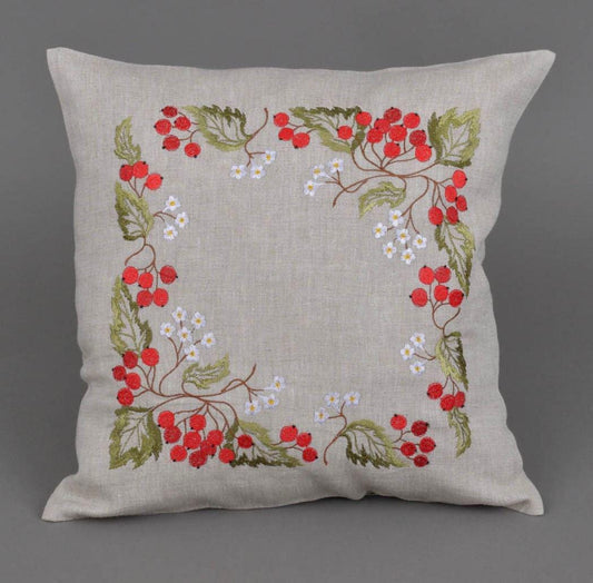 Embroidered linen pillowcase 40x40 cm with guelder rose floral design, ideal gift for Mother or Easter, Ukrainian decor.