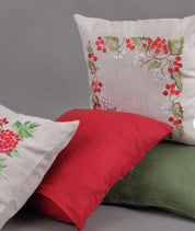 Embroidered linen pillowcases with guelder rose floral design, featuring vibrant red and green accents, 40×40 cm, Ukrainian decor gift.