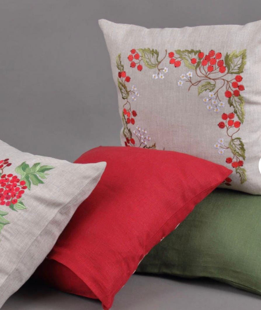 Embroidered linen pillowcase 40x40 cm with guelder rose floral design, Ukrainian decor, perfect as a gift for Mother or Easter.