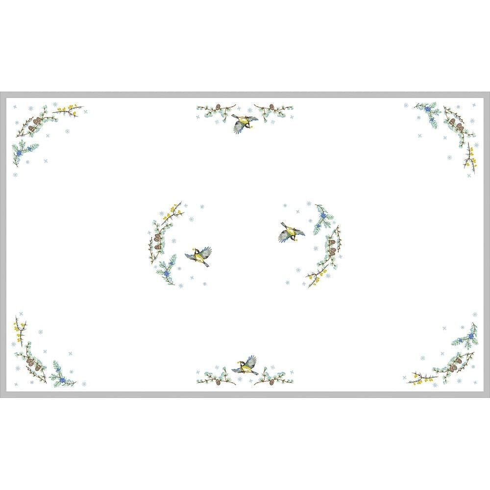 Embroidered linen tablecloth "First Snow" with winter motifs, ideal for seating 8–12 guests, Ukrainian design, 240 cm length.