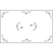 Embroidered linen tablecloth "First Snow" with winter motifs, ideal for seating 8–12 guests, Ukrainian design, 240 cm length.
