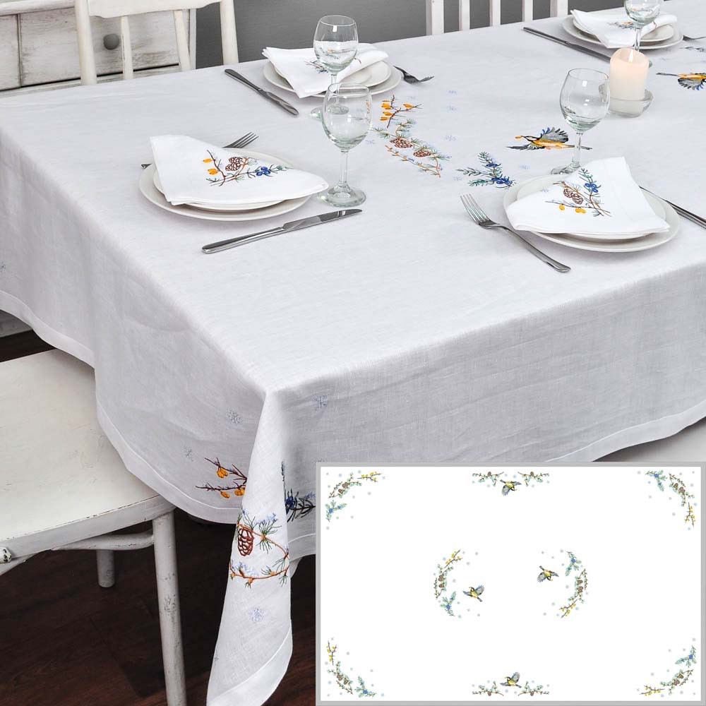 Elegant embroidered linen tablecloth 'First Snow' 240 cm, perfect for dining, with Ukrainian motifs, seats 8-12, festive decor.