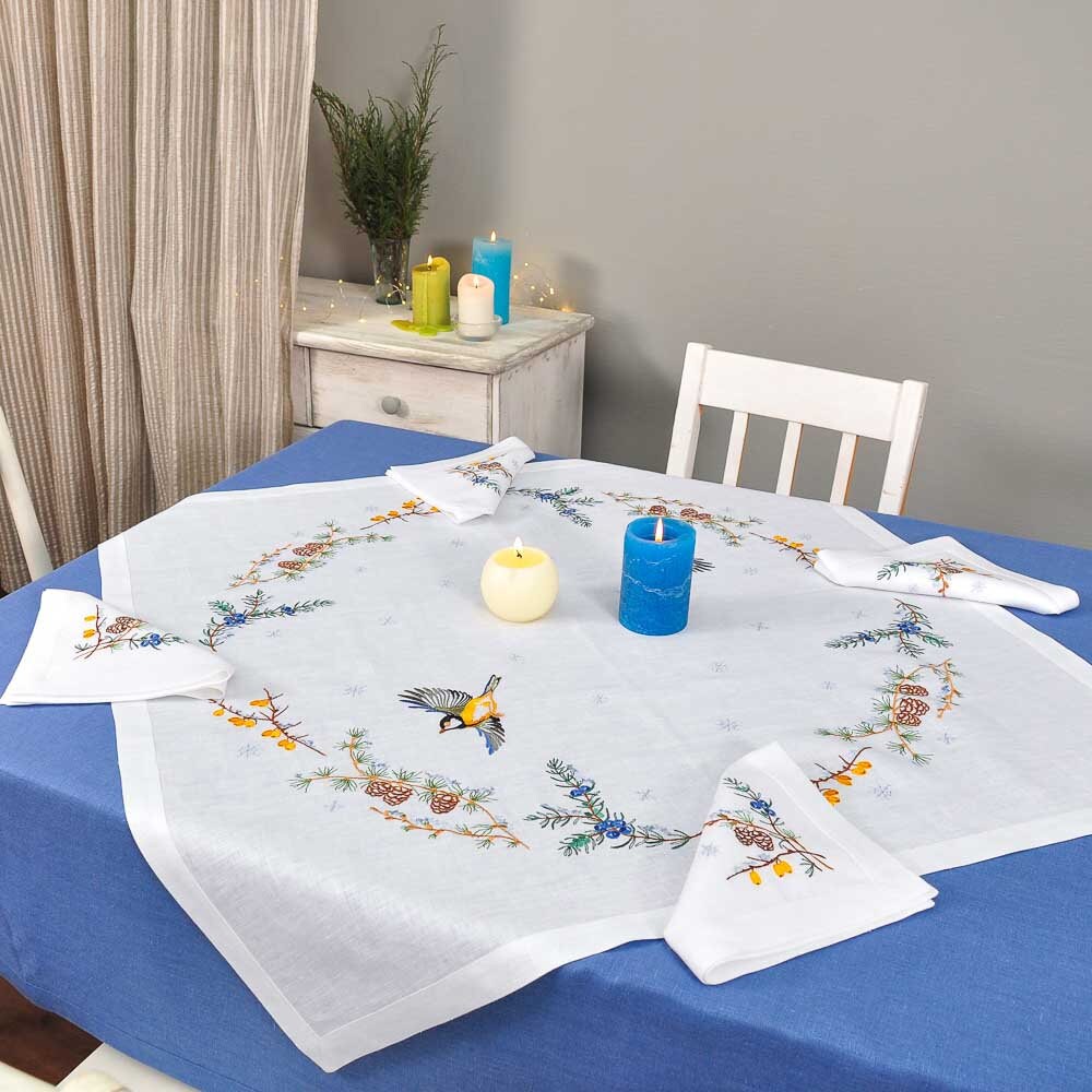 Elegant 90x90 cm embroidered peony linen tablecloth set with 4 napkins, showcasing Ukrainian floral design on dining table.