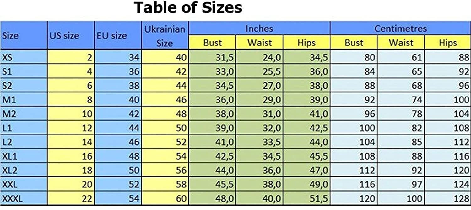 Size chart for embroidered linen Vyshyvanka blouse, showing US, EU, and Ukrainian sizes with measurements in inches and centimeters.