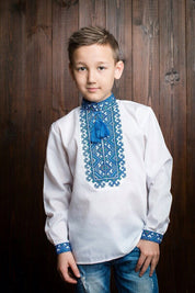 Boy wearing embroidered Vyshyvanka shirt, traditional Ukrainian style. Perfect for cultural events and celebrations. Soft cotton material.