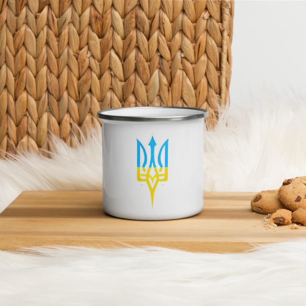 Ukrainian Tryzub Enamel Mug – Lightweight, Durable Camp Mug with Silver Rim, 3.14" for Hot Drinks and Meals