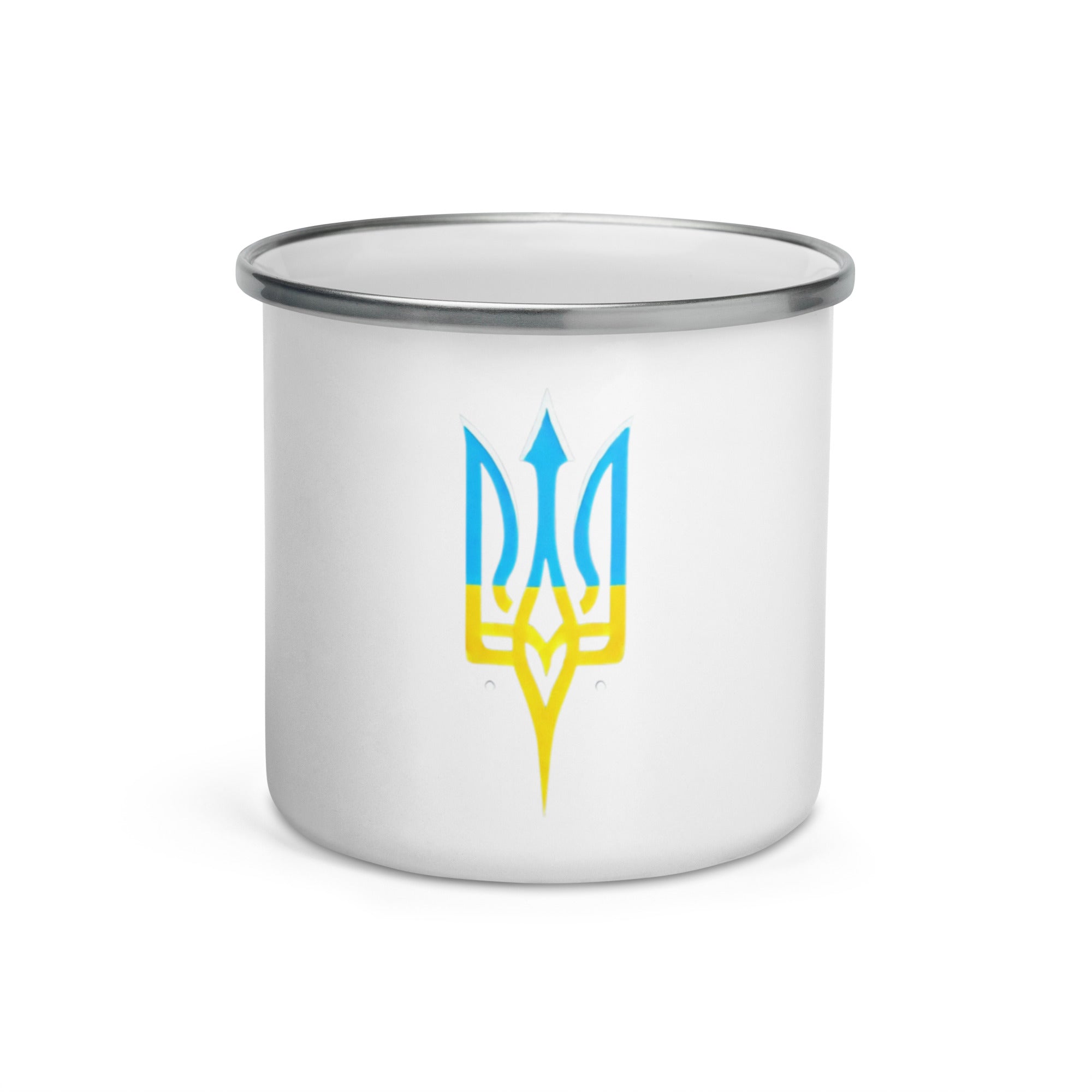 Ukrainian Tryzub enamel mug with silver rim, featuring iconic Tryzub design, perfect for camping and outdoor activities.
