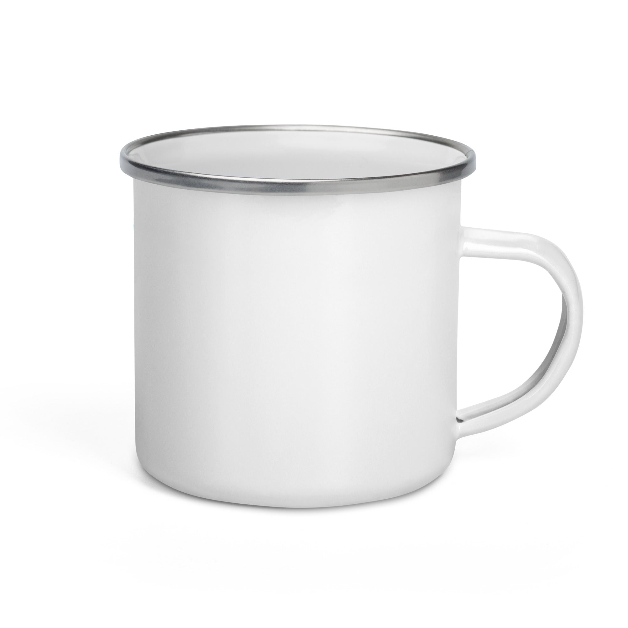 Ukrainian Tryzub enamel mug with silver rim, perfect for camping and hiking, shown on a plain background.