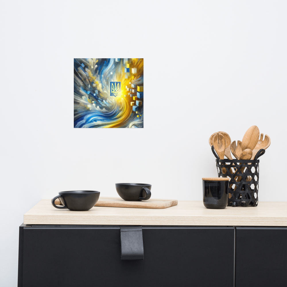Modern abstract Ukrainian flag art with Tryzub emblem, vibrant blue and yellow colors, sleek wall decor over kitchen counter.