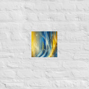Modern abstract Ukrainian flag poster with Tryzub emblem in blue and yellow on a textured wall background.