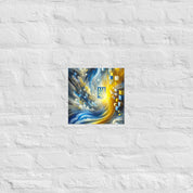 Abstract art poster featuring Ukrainian flag colors and Tryzub emblem on a white brick wall, showcasing modern patriotic design.