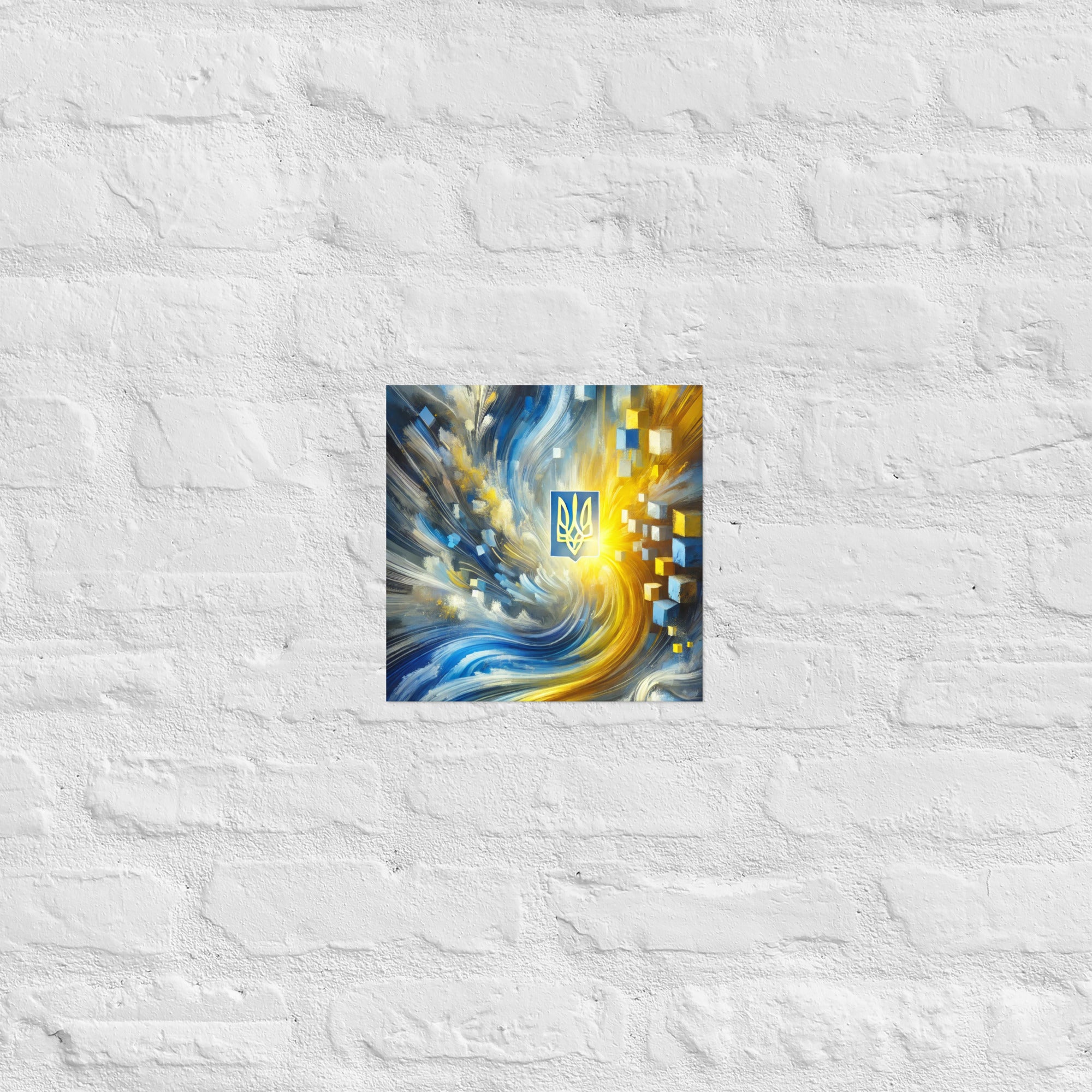 Abstract art poster featuring Ukrainian flag colors and Tryzub emblem on a white brick wall, showcasing modern patriotic design.