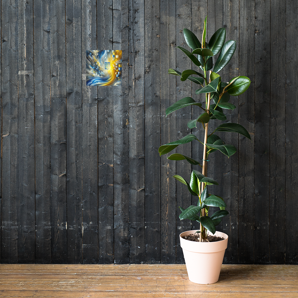 Modern Ukrainian flag art with Tryzub on a dark wall, next to a potted rubber plant, showcasing abstract design and vibrant colors.