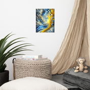 Modern Ukrainian Flag Art with Tryzub on a wall in cozy room decor setting, featuring vibrant blue and yellow abstract design