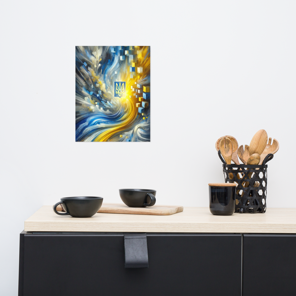 Modern Ukrainian flag art poster with Tryzub emblem in abstract blue and yellow design, displayed in a contemporary kitchen.