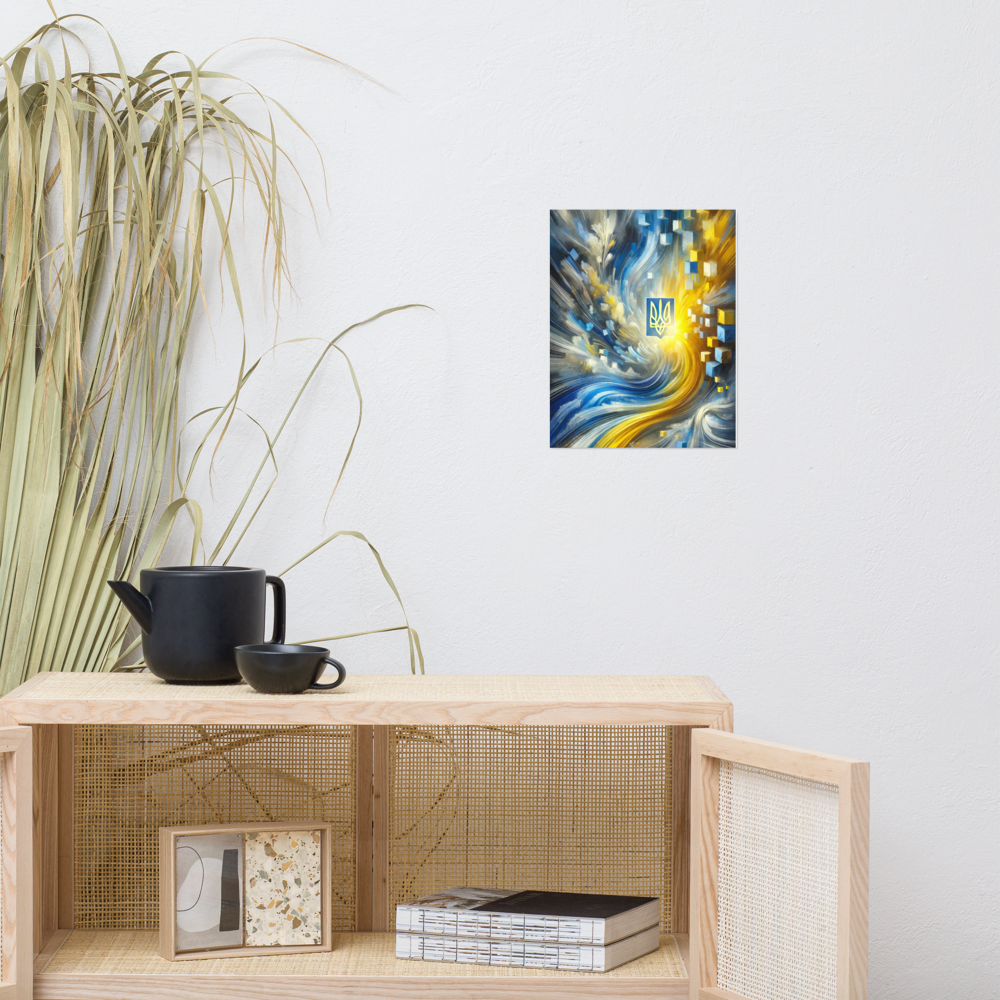 Modern Ukrainian flag art poster with Tryzub emblem in vibrant blue and yellow, displayed on a white wall above a stylish cabinet.