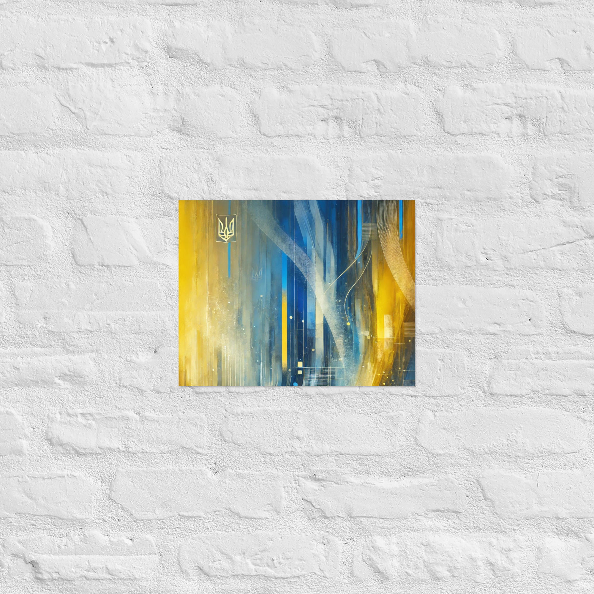 Modern abstract Ukrainian flag poster with Tryzub emblem, featuring bold blue and yellow design for contemporary wall art.