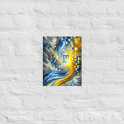 Modern Ukrainian flag art poster with Tryzub emblem in blue and yellow, abstract wall decor for home or office.