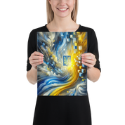 Woman holding modern Ukrainian flag art poster with abstract Tryzub design in blue and yellow.
