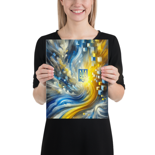 Woman holding modern Ukrainian flag art poster with abstract Tryzub design in blue and yellow.