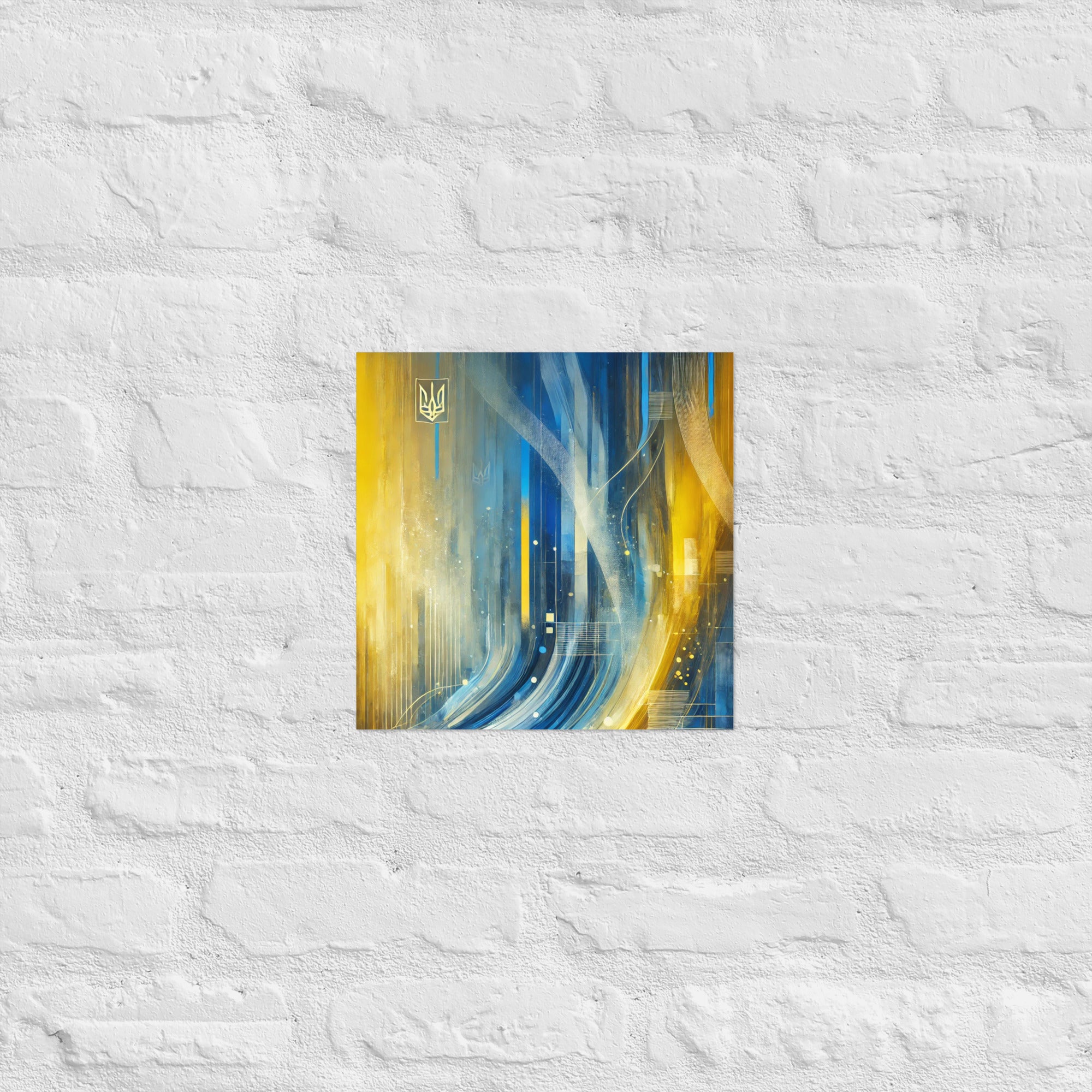 Modern abstract Ukrainian flag poster with Tryzub emblem in blue and yellow, minimalist wall art on white brick background.