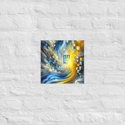 Abstract Ukrainian flag art with Tryzub emblem in blue and yellow, modern wall decor showcasing Ukrainian pride and heritage.