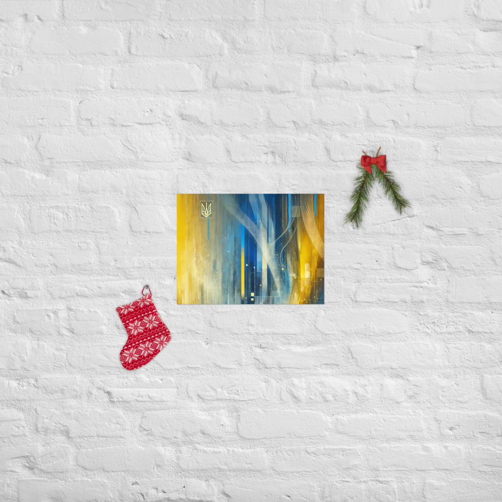 Modern abstract Ukrainian flag poster with Tryzub emblem on a white brick wall, accented by holiday decorations.