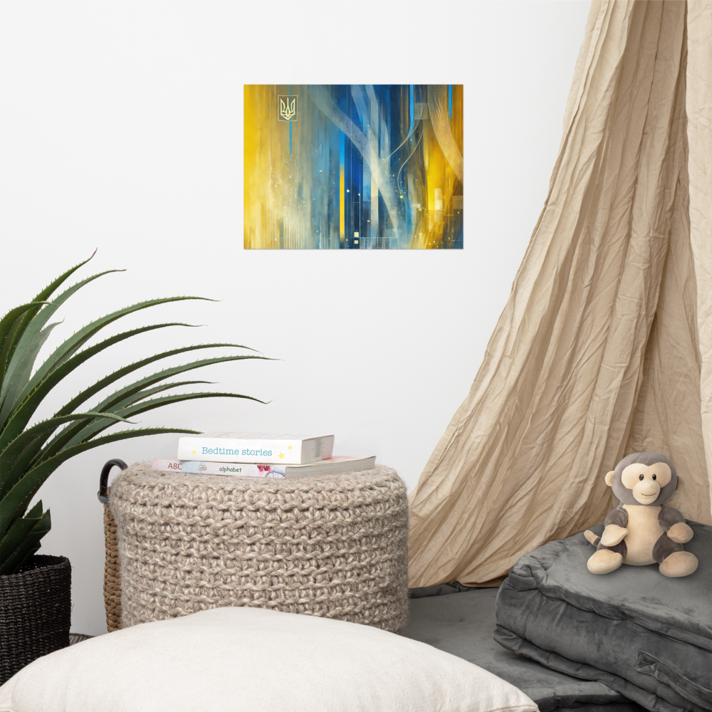 Modern abstract Ukrainian flag poster with Tryzub emblem on wall, adding vibrant decor to a cozy home or office space.
