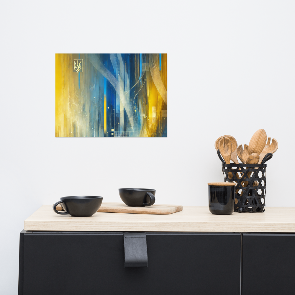 Modern abstract Ukrainian flag poster with Tryzub emblem in blue and yellow, adding vibrant decor to a stylish kitchen space.