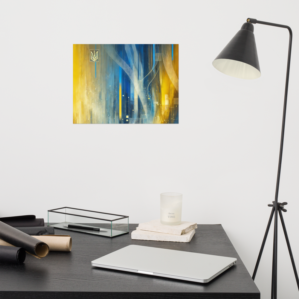 Modern abstract Ukrainian flag poster with Tryzub emblem on wall above sleek black desk in stylish home office.