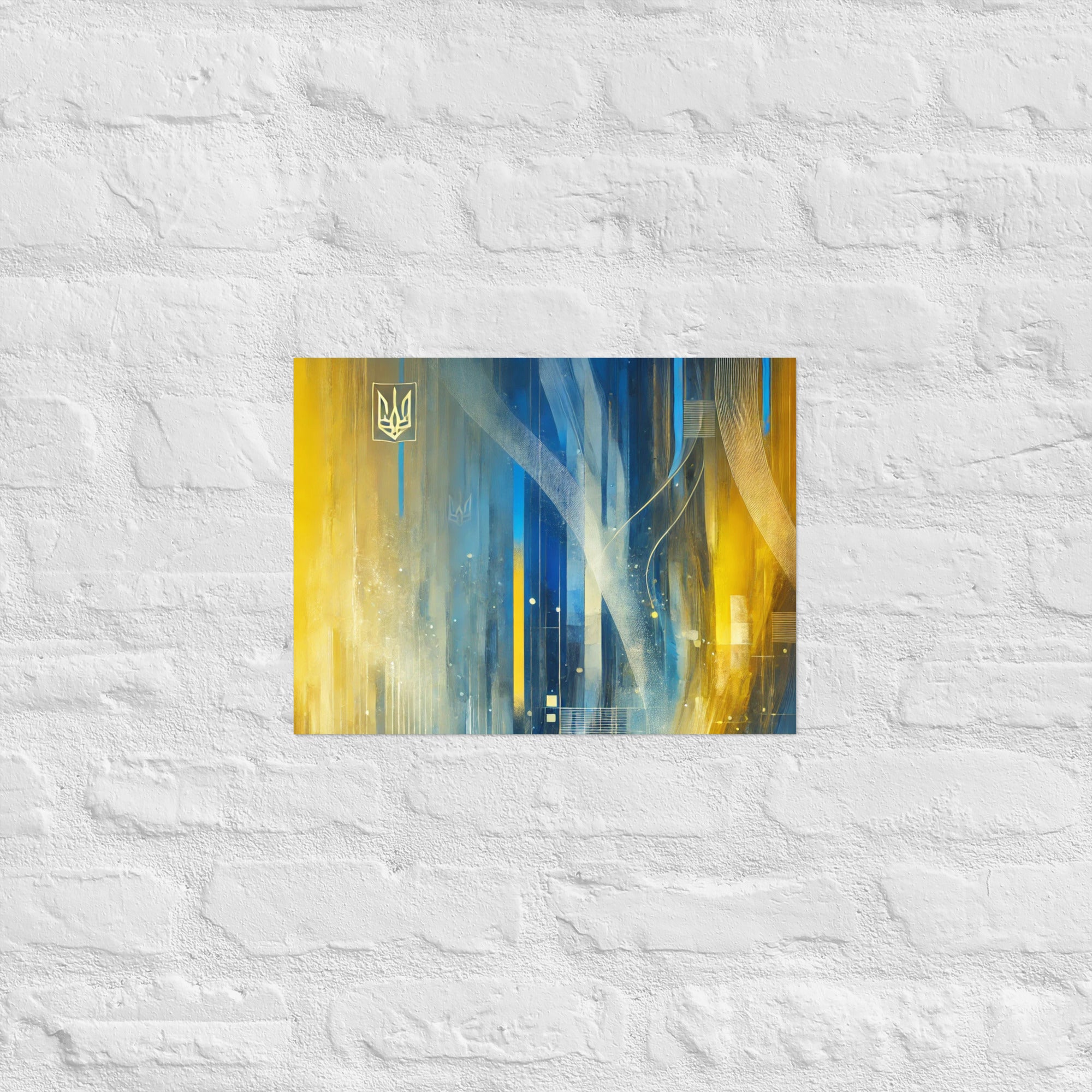 Modern abstract Ukrainian flag poster with Tryzub emblem, featuring bold blue and yellow design, hung on a textured white wall.