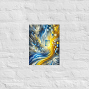 Abstract Ukrainian flag art with Tryzub emblem in blue and yellow, modern wall decor showcasing Ukrainian heritage.