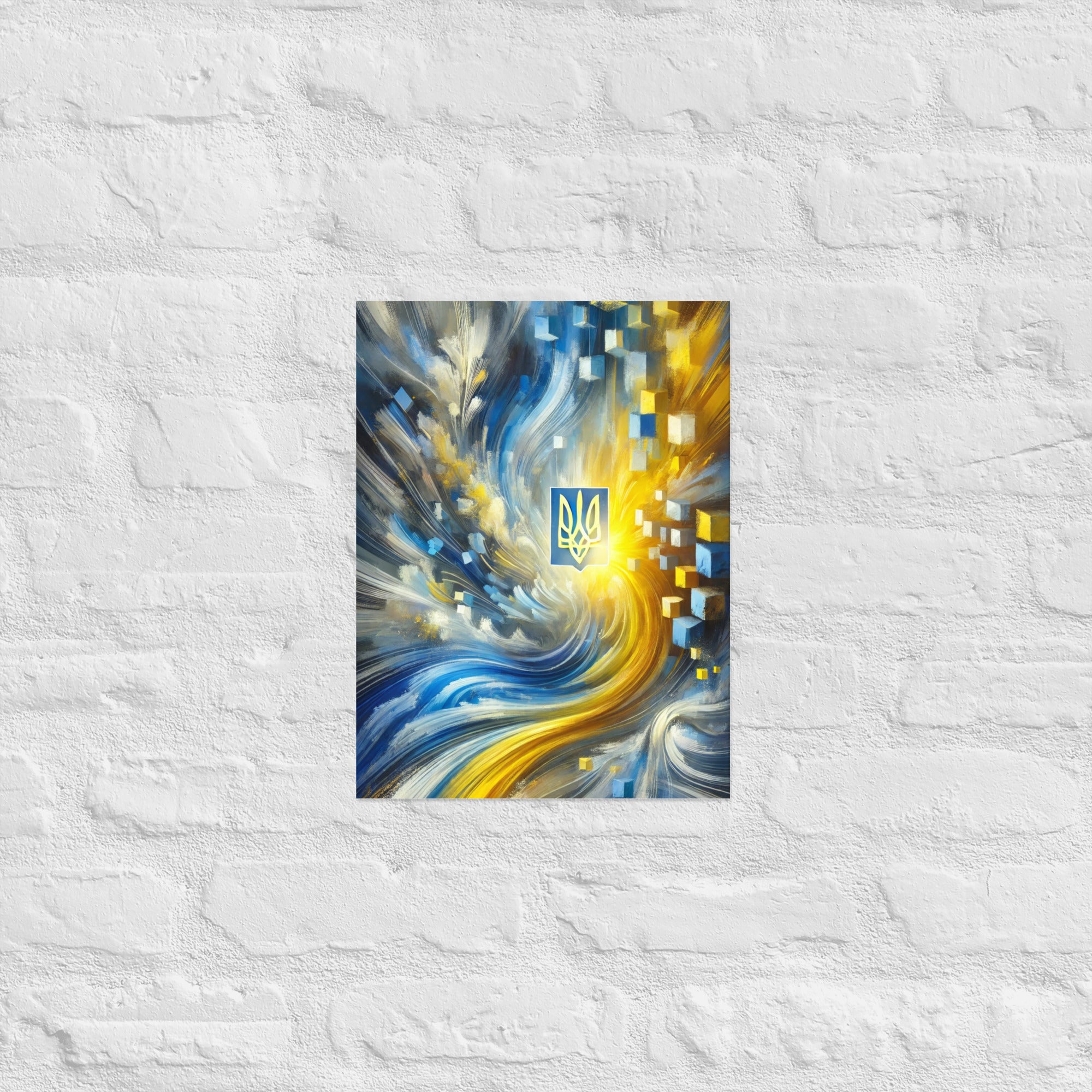 Abstract Ukrainian flag art with Tryzub emblem in blue and yellow, modern wall decor showcasing Ukrainian heritage.