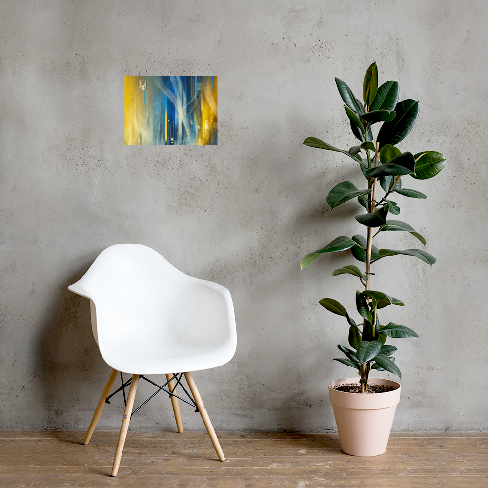 Modern abstract Ukrainian flag poster with Tryzub emblem on wall above white chair and green plant.