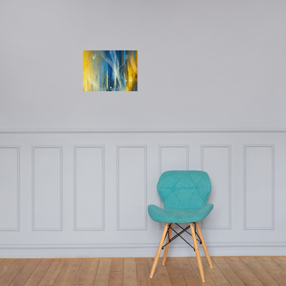Modern abstract Ukrainian flag poster with Tryzub emblem on a wall above a teal chair in a minimalist room.