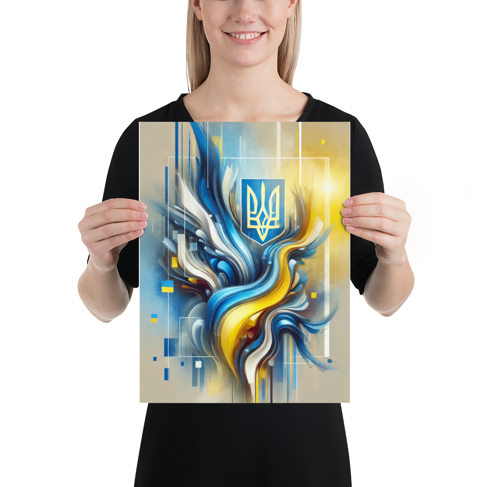 Woman holding modern Ukrainian flag abstract art with Tryzub emblem, showcasing vibrant blue and yellow design.