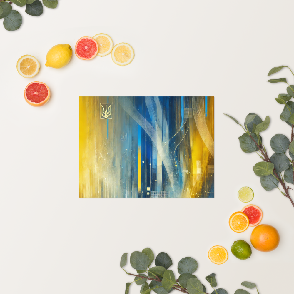 Modern abstract Ukrainian flag poster with Tryzub emblem, featuring vibrant blue and yellow design for home or office decor.