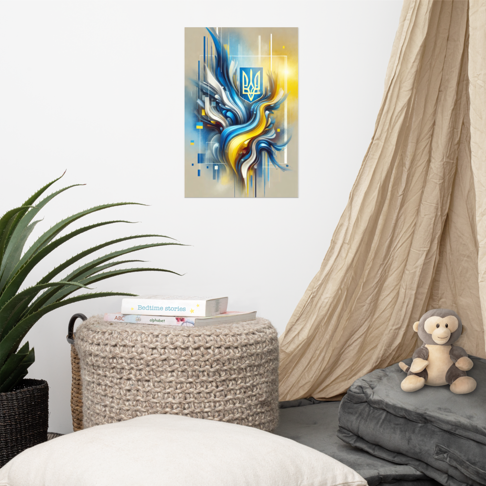 Modern abstract art of Ukrainian flag with Tryzub emblem in blue and yellow, perfect decor for showcasing Ukrainian heritage.