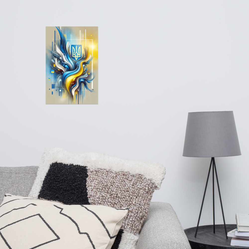 Modern abstract art of Ukrainian flag with Tryzub emblem, blue and yellow, wall decor for home or office showcasing Ukrainian pride.