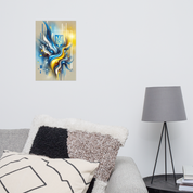 Modern abstract art of Ukrainian flag with Tryzub emblem, blue and yellow, wall decor for home or office showcasing Ukrainian pride.