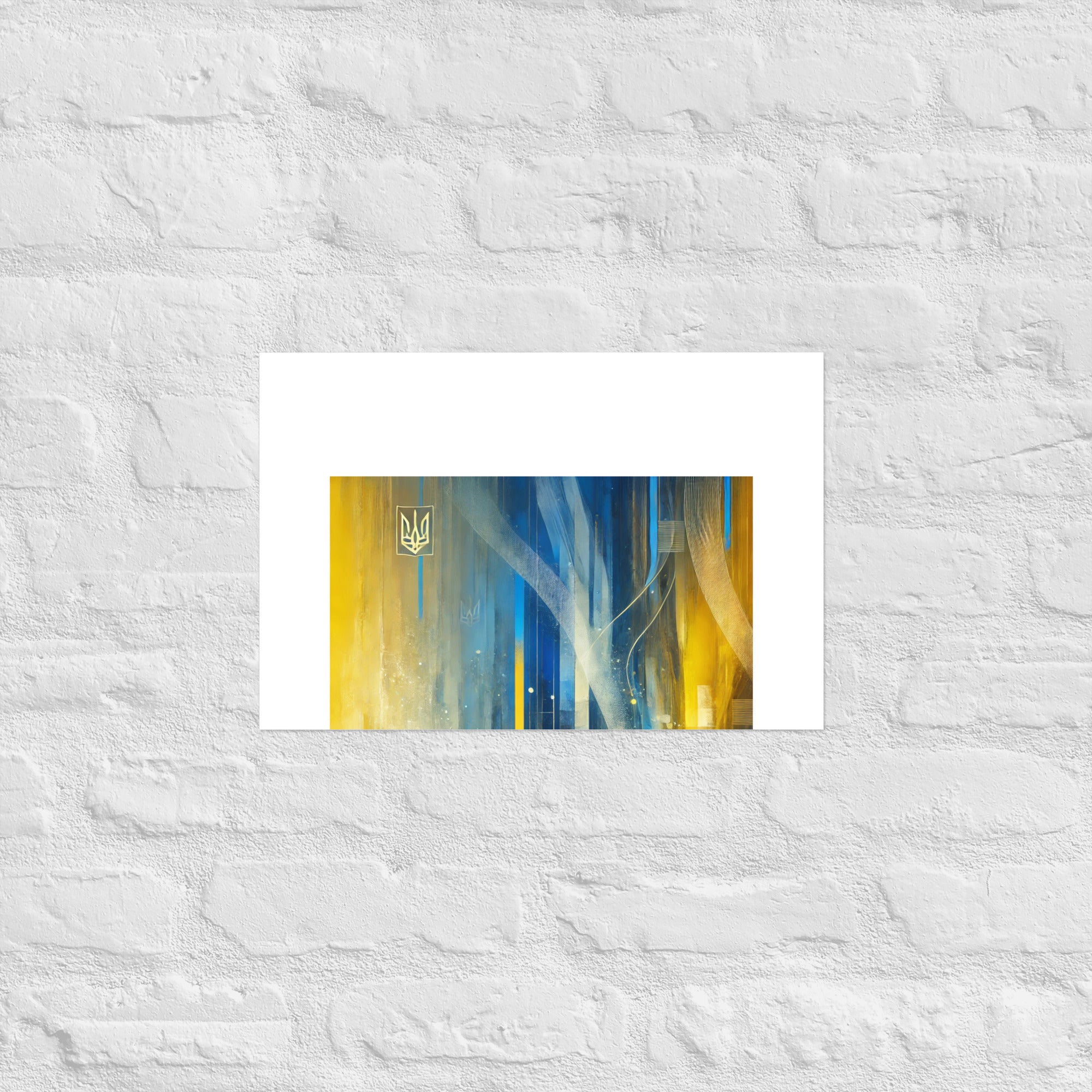 Modern abstract Ukrainian flag poster with Tryzub emblem in blue and yellow on white brick wall.