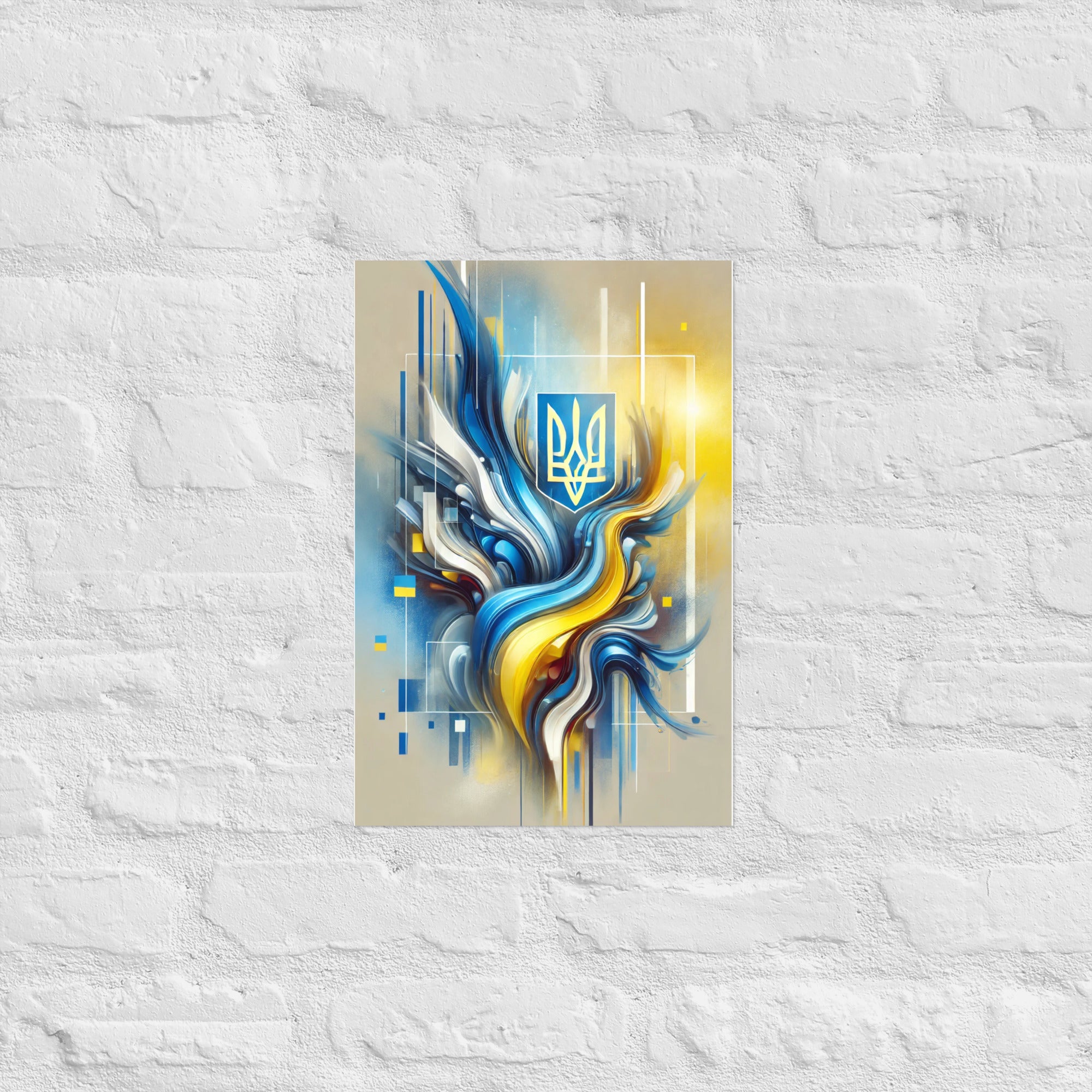 Modern Ukrainian flag abstract art with Tryzub emblem in blue and yellow, perfect decor for home or office celebrating Ukrainian pride.
