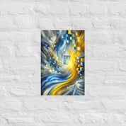 Abstract Ukrainian flag art with Tryzub, featuring blue and yellow colors, showcasing modern patriotic wall decor.