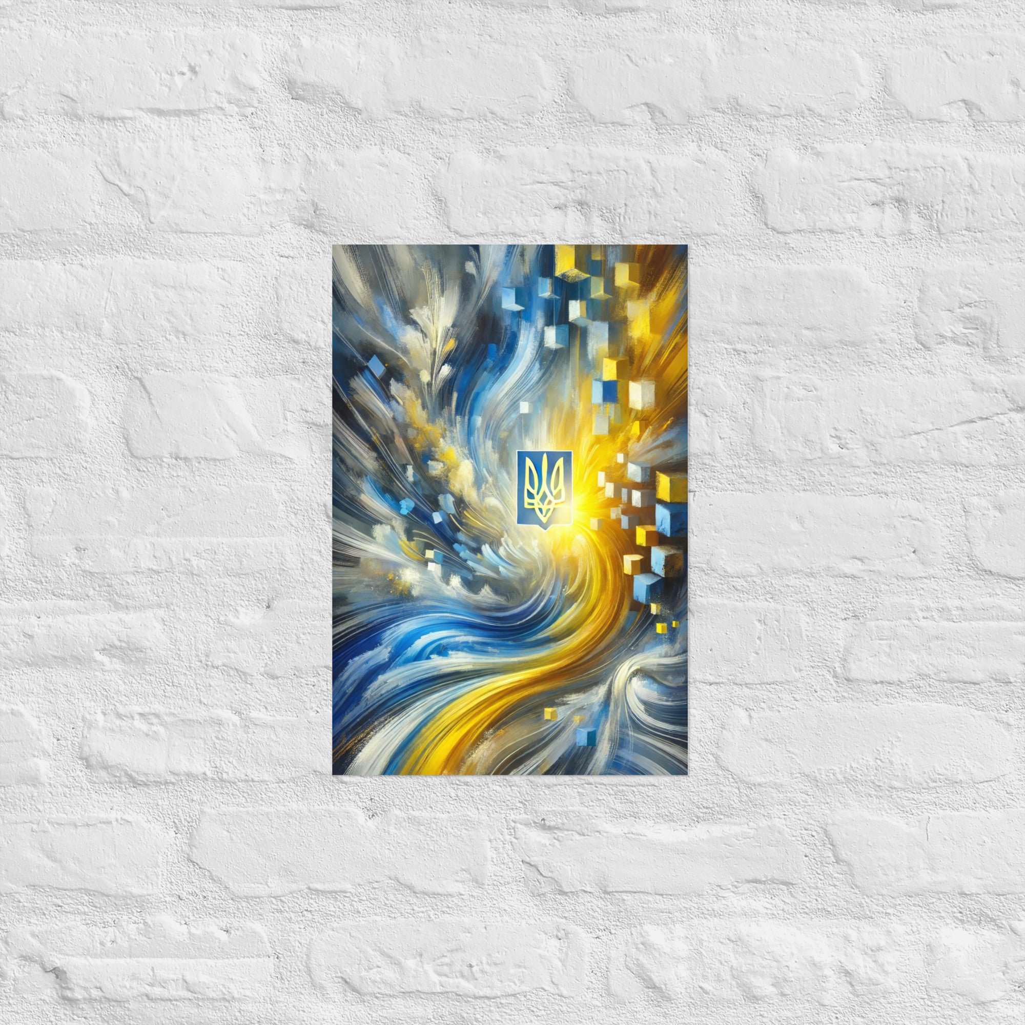 Abstract Ukrainian flag art with Tryzub, featuring blue and yellow colors, showcasing modern patriotic wall decor.