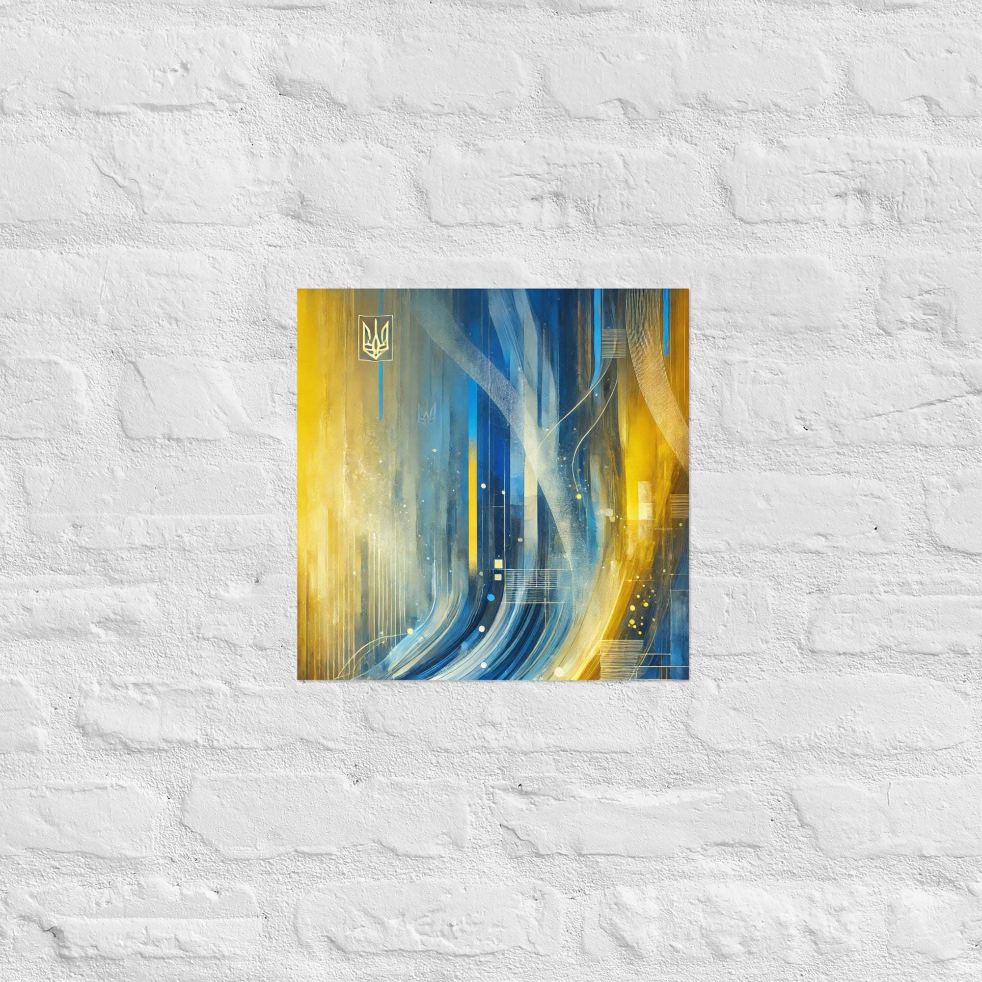 abstract Ukrainian art,blue and yellow decor,contemporary Ukraine artwork,modern Ukraine poster,patriotic home decor,Tryzub emblem poster,Tryzub wall art,Ukraine flag wall art,Ukrainian flag poster,Ukrainian office decor