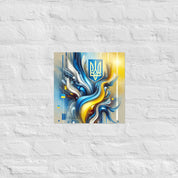 Modern abstract Ukrainian flag art with Tryzub emblem in vibrant blue and yellow on white brick wall.